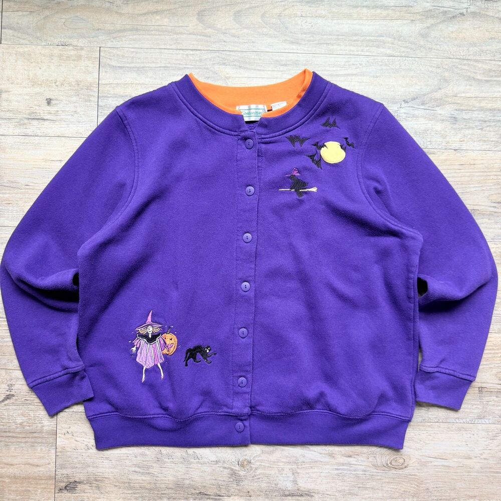 Vintage Halloween Cardigan Sweatshirt Large Purple Witch Black Cat Bat Spooky